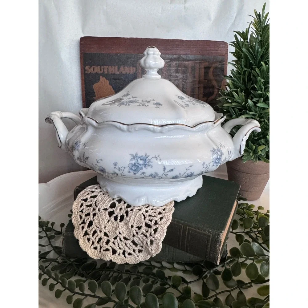 Vintage White Porcelain Soup Tureen Blue Floral Gold Trim Scalloped Lid 11in